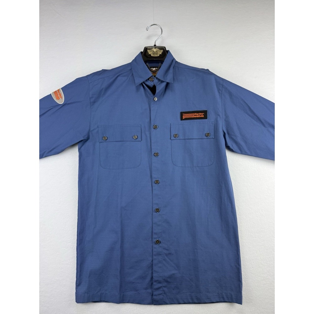 Harley Davidson‎ Button Up Shirt Mens Small Blue Logo Patch Long Sleeve Workwear